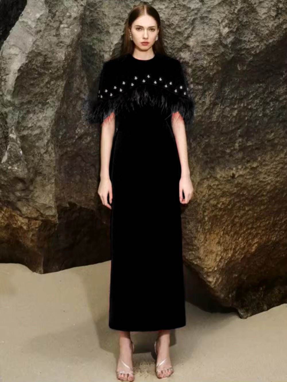 Crew Neck Feathers Diamonds Shawl Sleeves Long dress - REBECATHELABEL