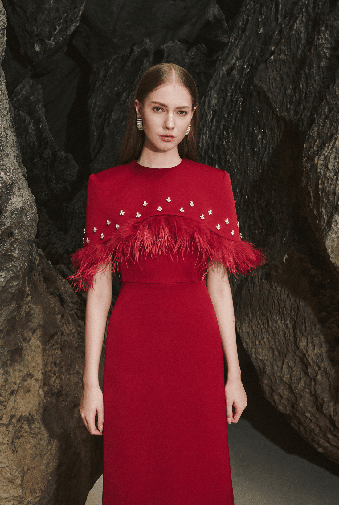 Crew Neck Feathers Diamonds Shawl Sleeves Long dress - REBECATHELABEL