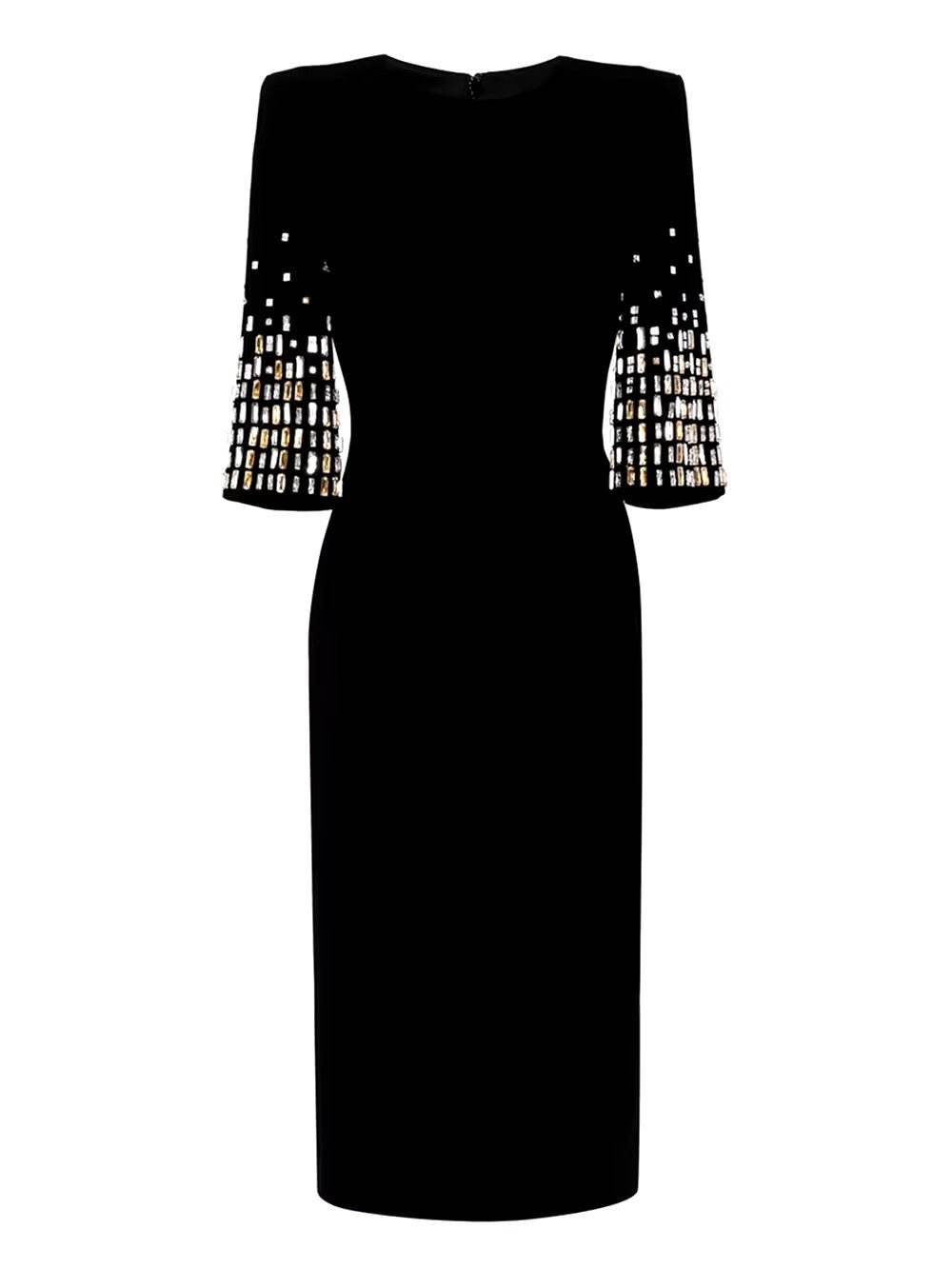 Crystal Bead Half Sleeve Luxury Cocktail Gowns Midi dress - REBECATHELABEL