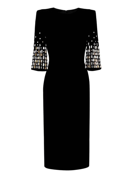 Crystal Bead Half Sleeve Luxury Cocktail Gowns Midi dress - REBECATHELABEL