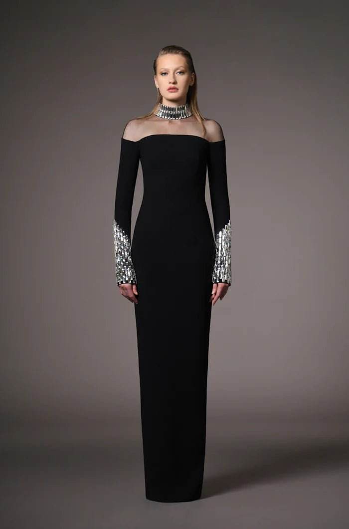 Crystal Beaded Long Sleeve Bandage Dress - REBECATHELABEL