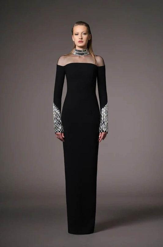Crystal Beaded Long Sleeve Bandage Dress - REBECATHELABEL