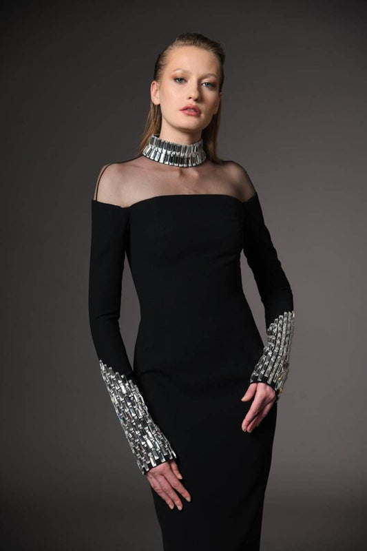 Crystal Beaded Long Sleeve Bandage Dress - REBECATHELABEL