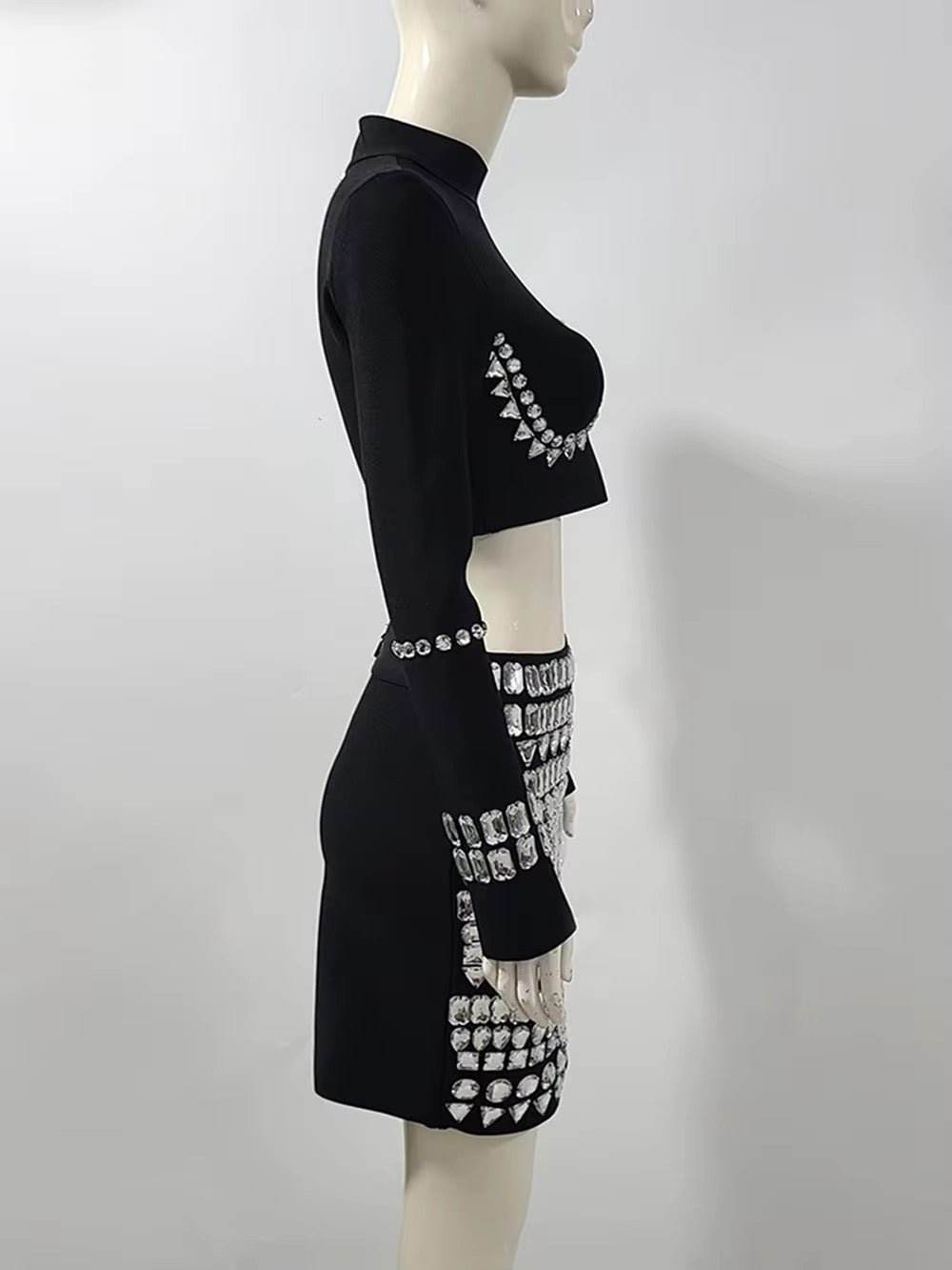 Crystal Diamond Crop Top With Mini Skirt Bandage Two-Piece Sets - REBECATHELABEL