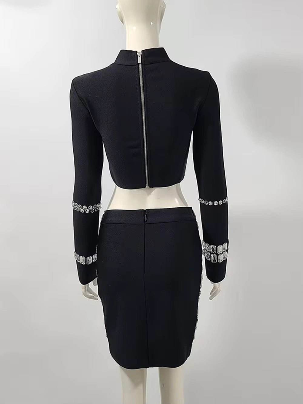 Crystal Diamond Crop Top With Mini Skirt Bandage Two-Piece Sets - REBECATHELABEL