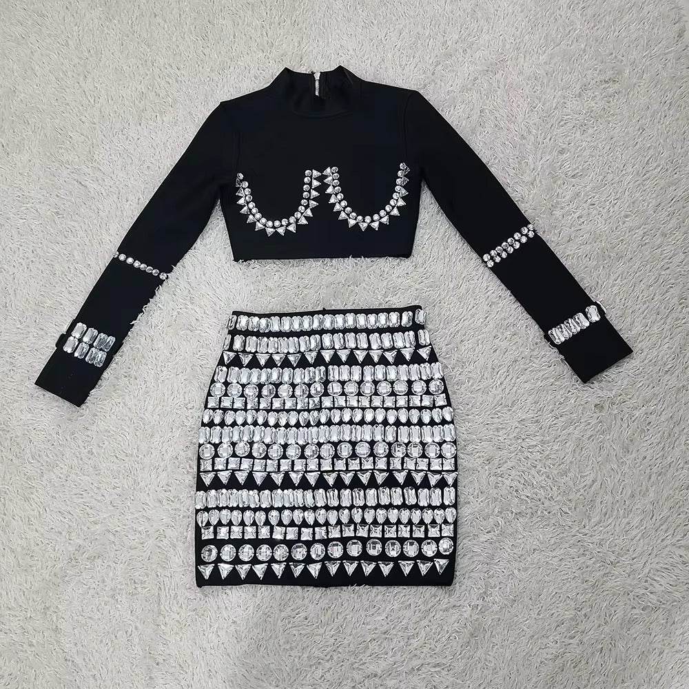 Crystal Diamond Crop Top With Mini Skirt Bandage Two-Piece Sets - REBECATHELABEL