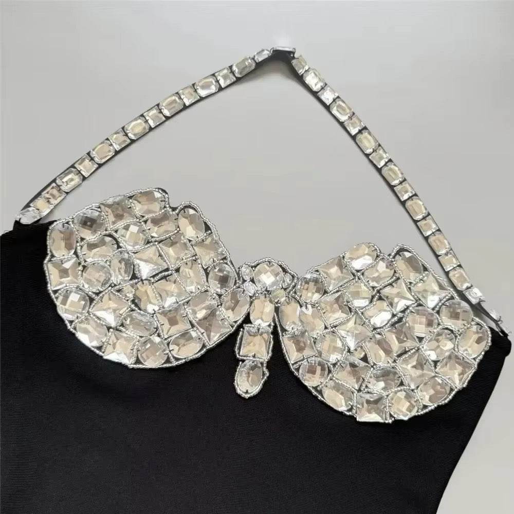 Crystal Diamond Halter Backless Design Black Sexy Maxi Bandage Dress - REBECATHELABEL