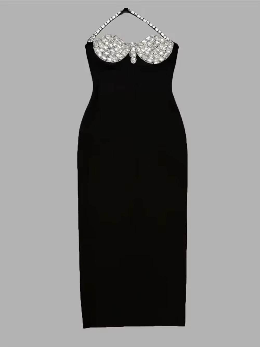 Crystal Diamond Halter Backless Design Black Sexy Maxi Bandage Dress - REBECATHELABEL