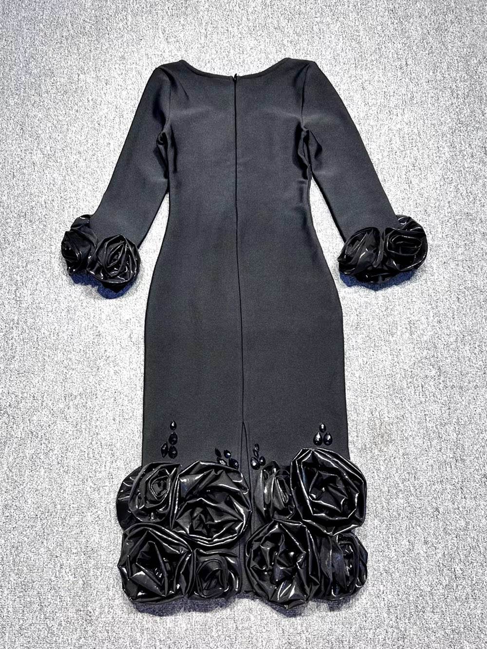 Crystal Splicing 3D Flowers Flare Sleeve Black Long Bandage Dress - REBECATHELABEL