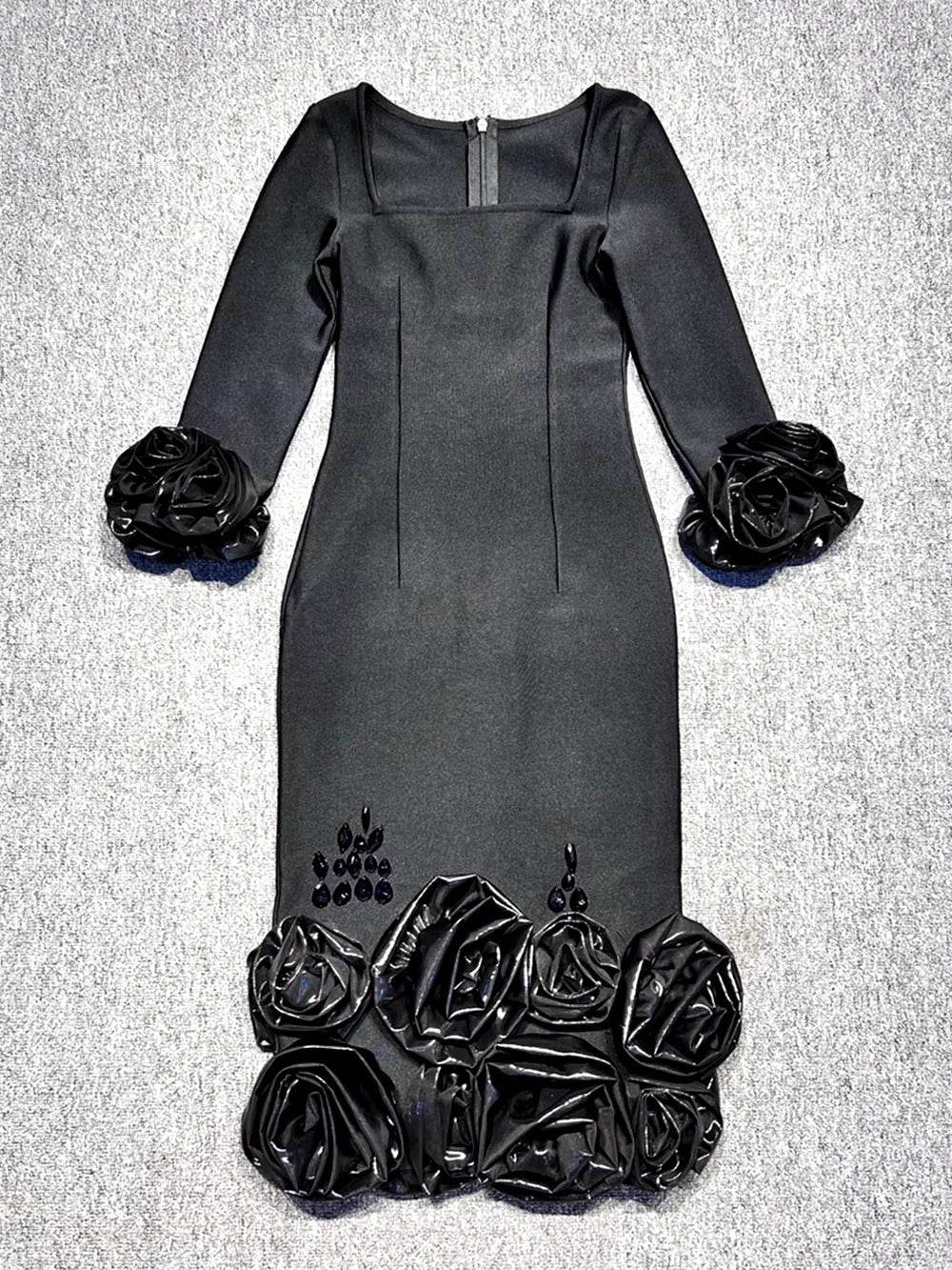 Crystal Splicing 3D Flowers Flare Sleeve Black Long Bandage Dress - REBECATHELABEL