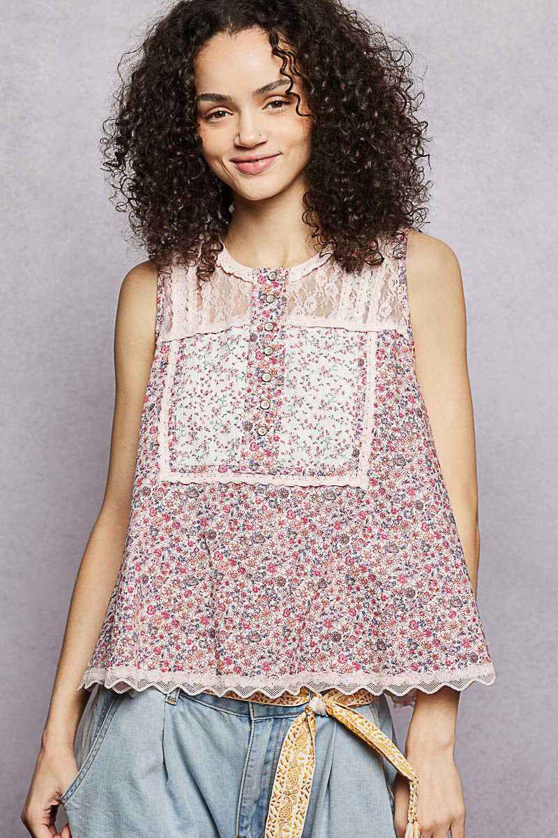 POL Printed Woven Lace Back Round Neck Sleeveless Top