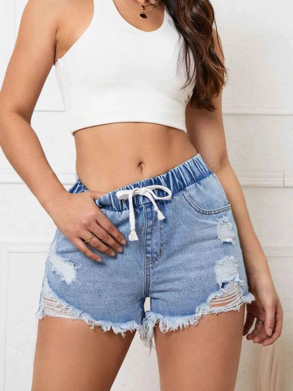 Distressed Drawstring Raw Hem Denim Shorts