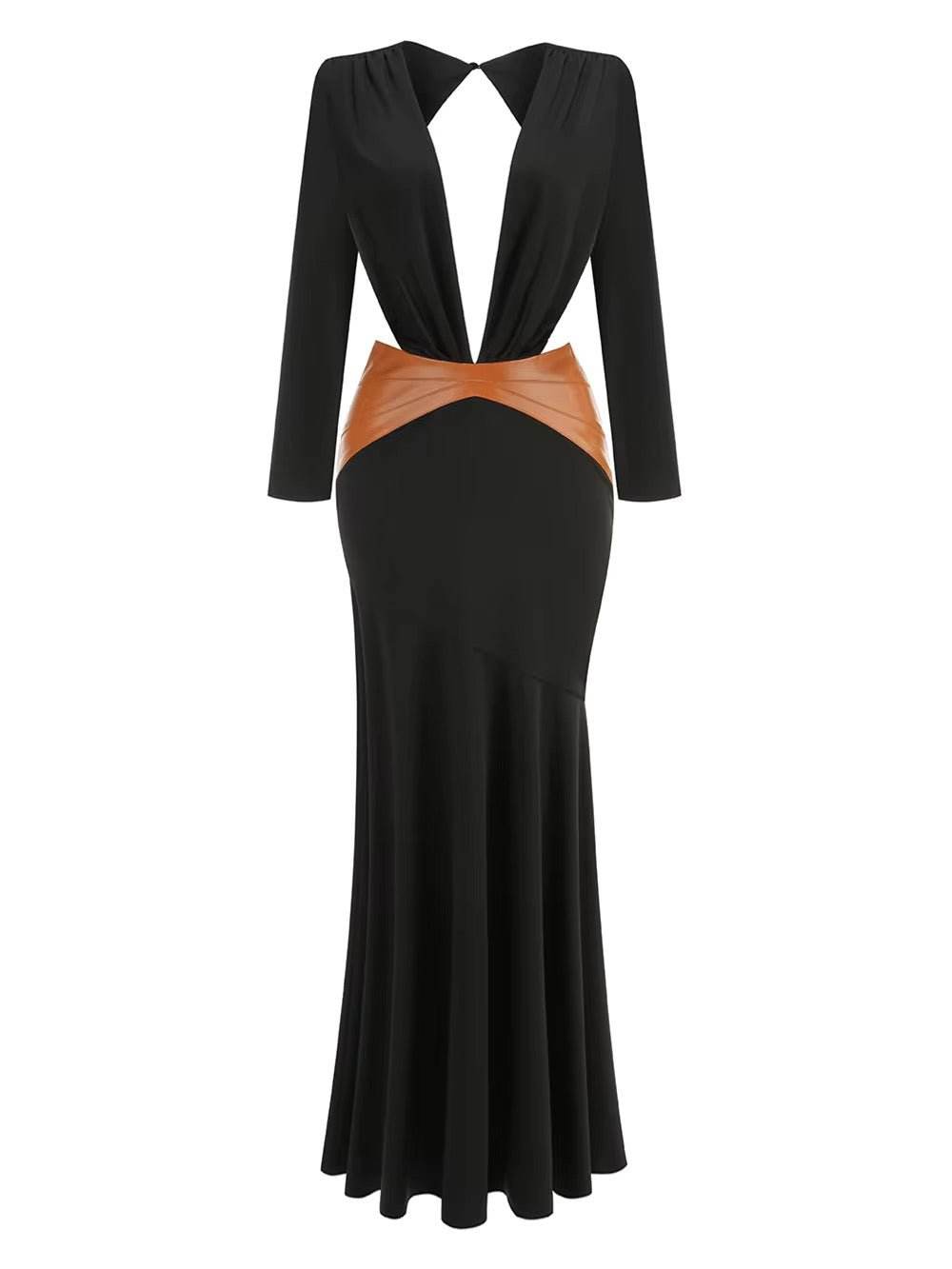 Deep V-back Patchwork Leather Design Maxi dress - REBECATHELABEL