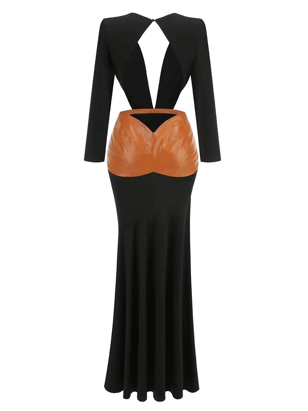 Deep V-back Patchwork Leather Design Maxi dress - REBECATHELABEL