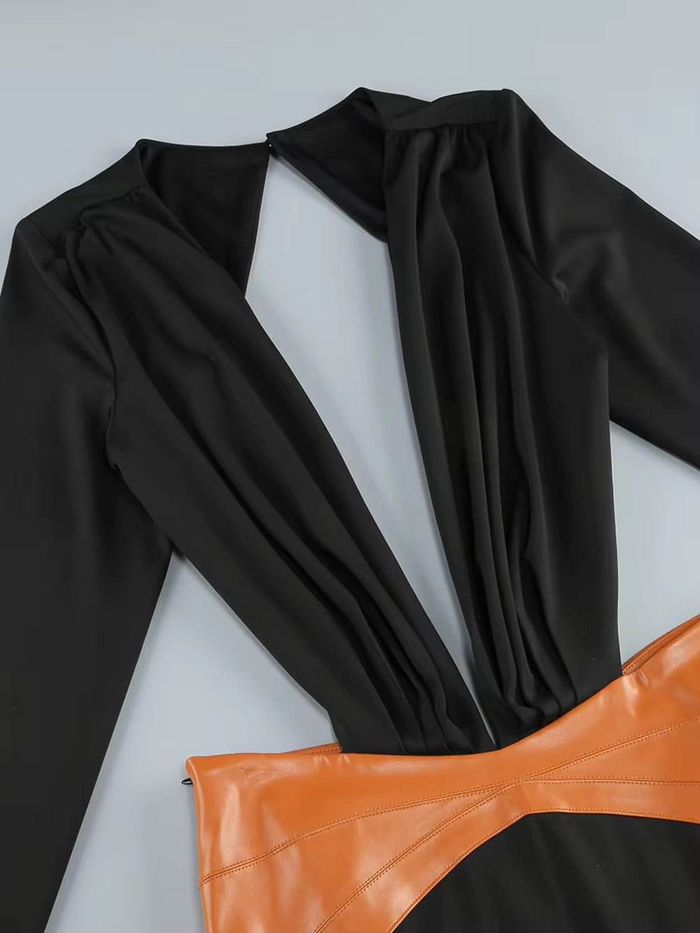 Deep V-back Patchwork Leather Design Maxi dress - REBECATHELABEL