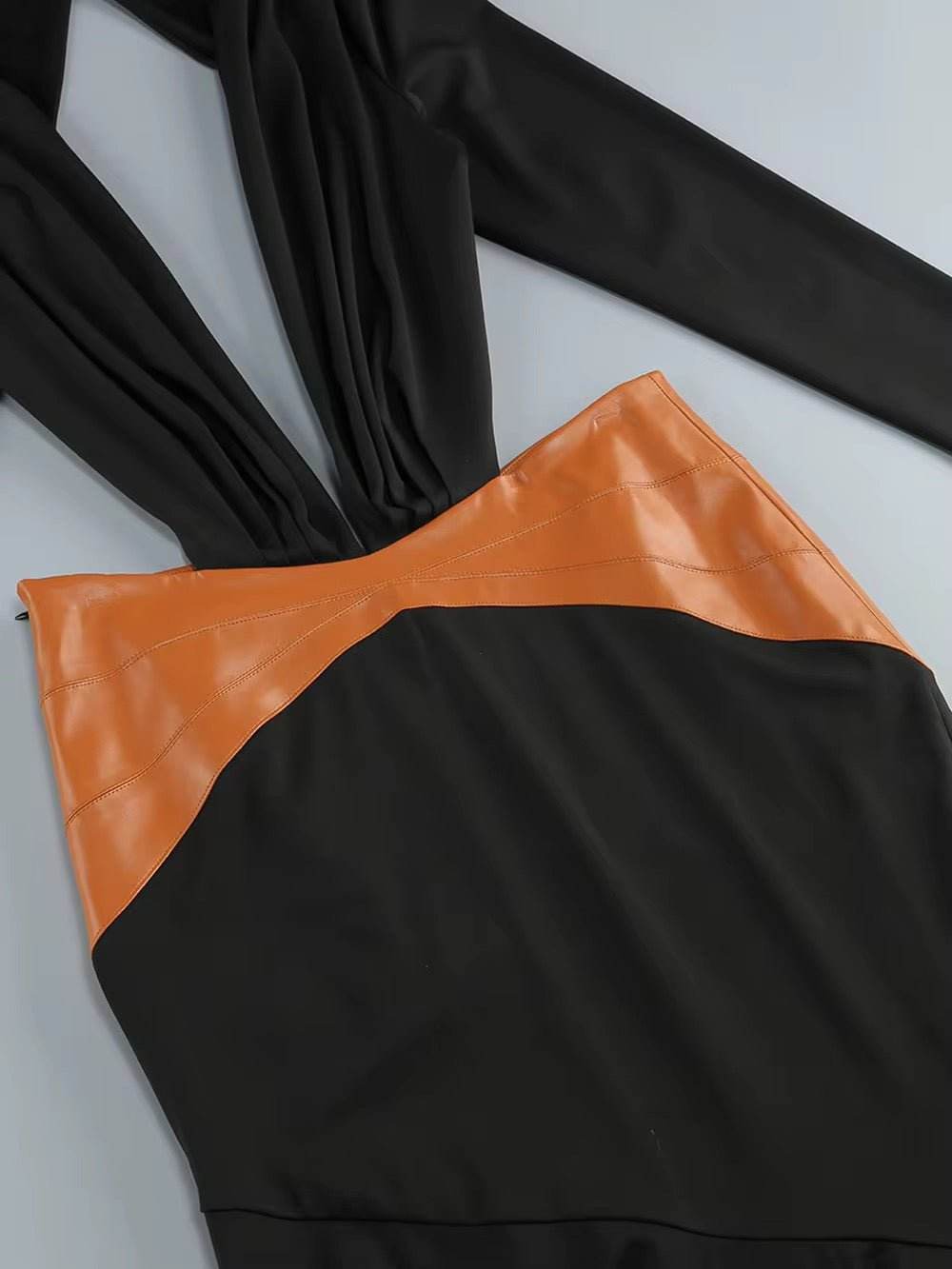 Deep V-back Patchwork Leather Design Maxi dress - REBECATHELABEL