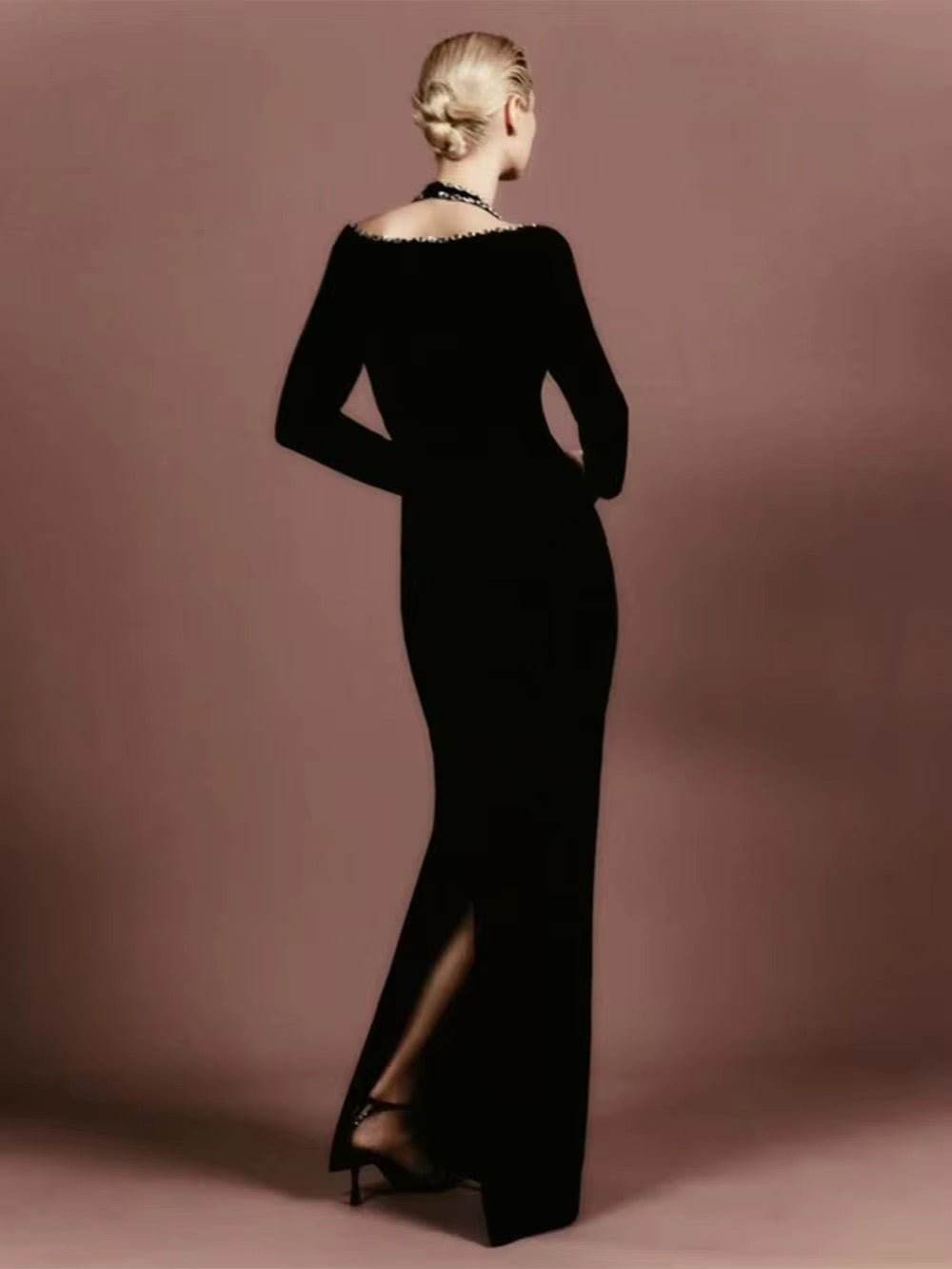 Deep V Neck Diamonds Maxi Bandage Dress - REBECATHELABEL