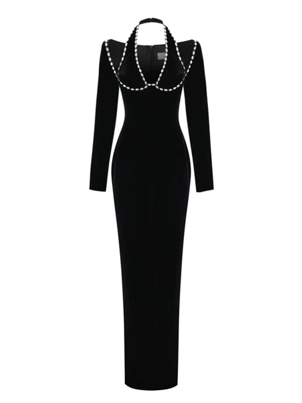 Deep V Neck Diamonds Maxi Bandage Dress - REBECATHELABEL