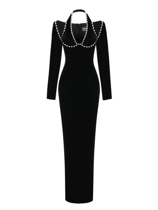 Deep V Neck Diamonds Maxi Bandage Dress - REBECATHELABEL