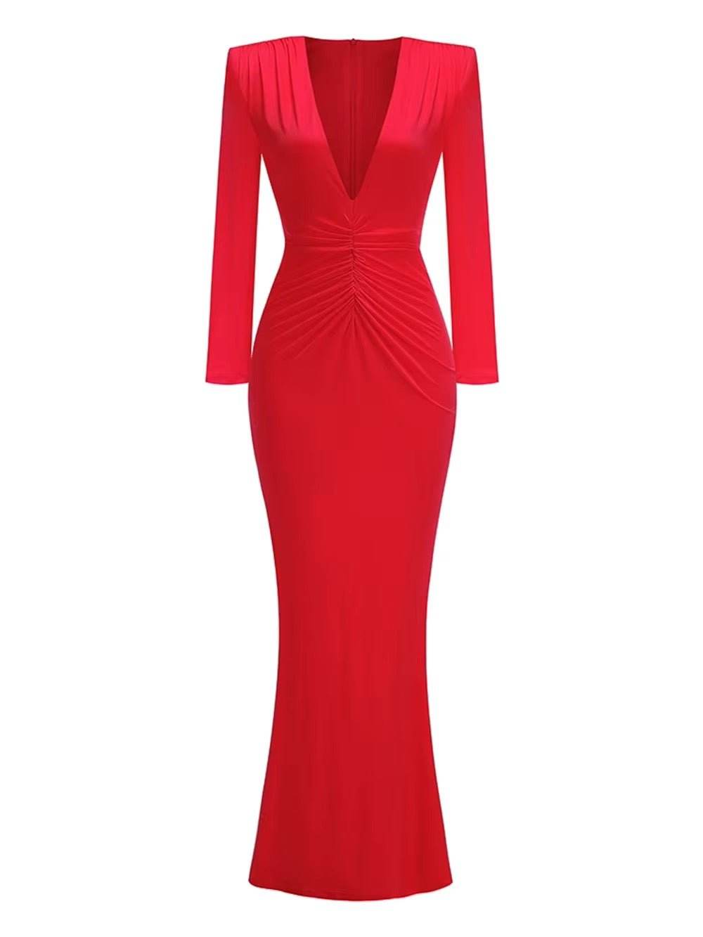 Deep V Neck Folds Design Long Dress - REBECATHELABEL