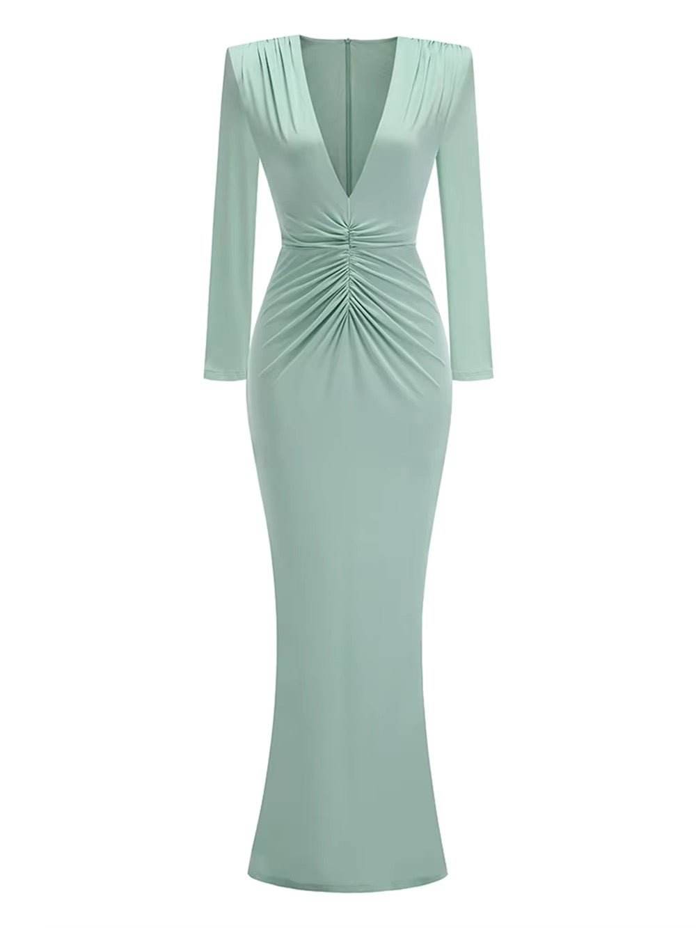 Deep V Neck Folds Design Long Dress - REBECATHELABEL