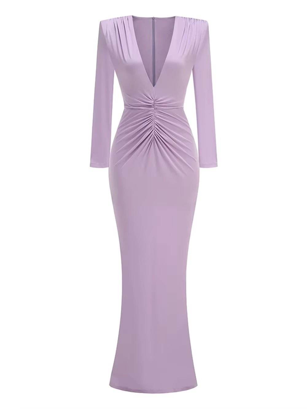 Deep V Neck Folds Design Long Dress - REBECATHELABEL