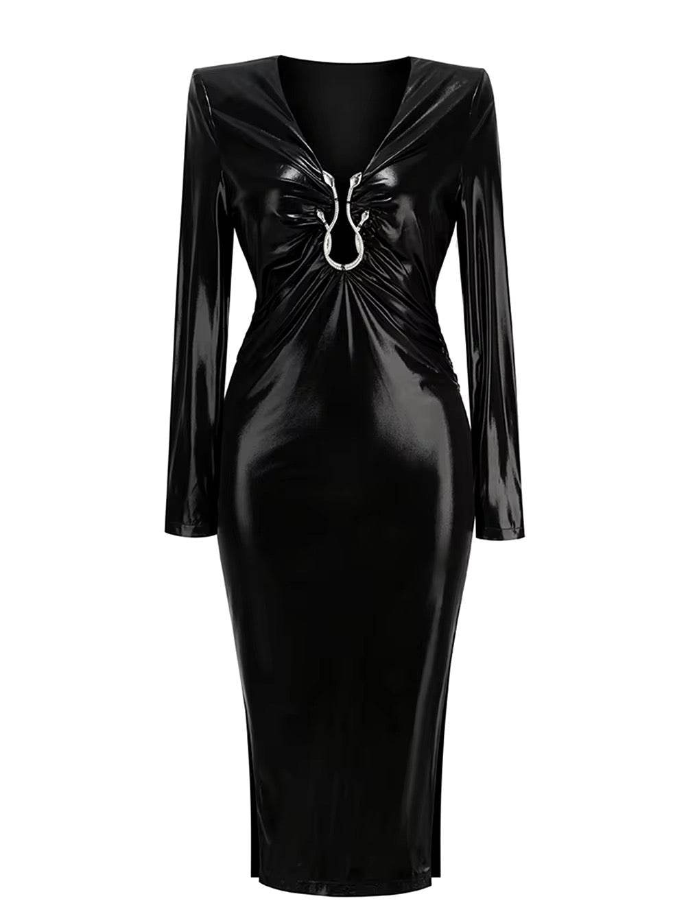 Deep V-Neck Long Sleeved Pu Leather Tight Midi Dress - REBECATHELABEL