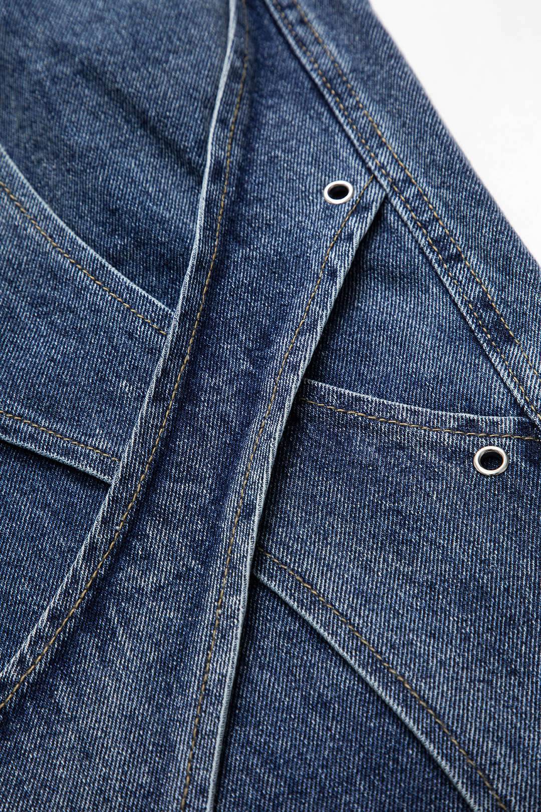 Denim Button Pocket Crossed Patchwork Straight Leg Jeans - REBECATHELABEL