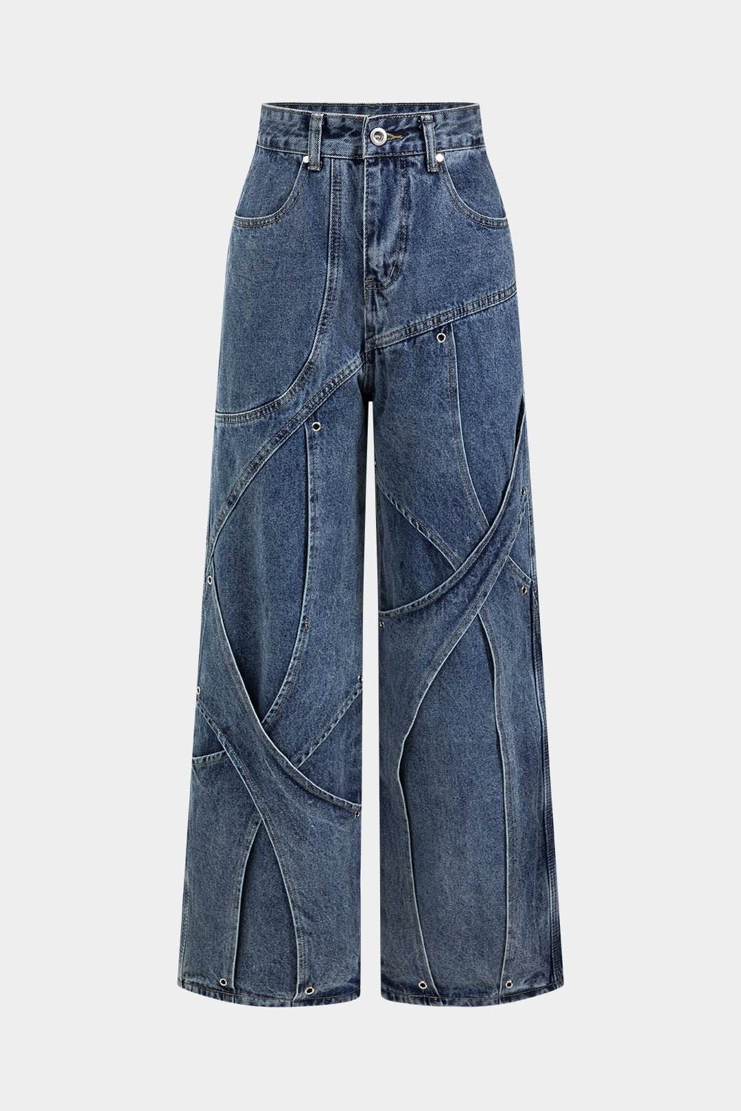 Denim Button Pocket Crossed Patchwork Straight Leg Jeans - REBECATHELABEL