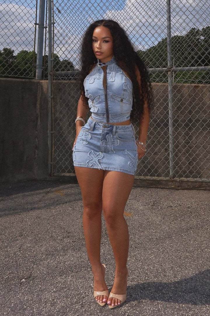 Denim Skirt Set Vest Short Skirt Stretch Set - REBECATHELABEL