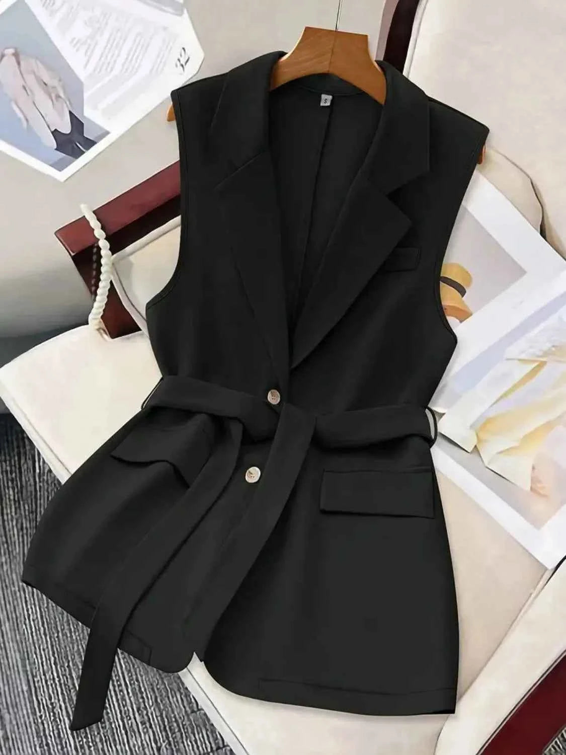Tie Waist Lapel Collar Sleeveless Blazer