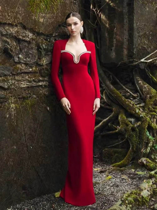Diamond Bandage Dress Long Sleeve Bodycon Red Maxi dress - REBECATHELABEL