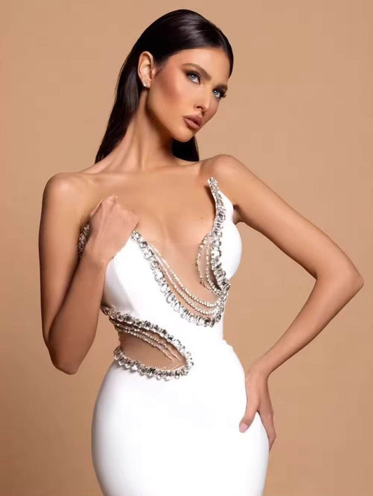 Diamond Beading Maxi Bandage Sexy Strapless Mesh dress - REBECATHELABEL