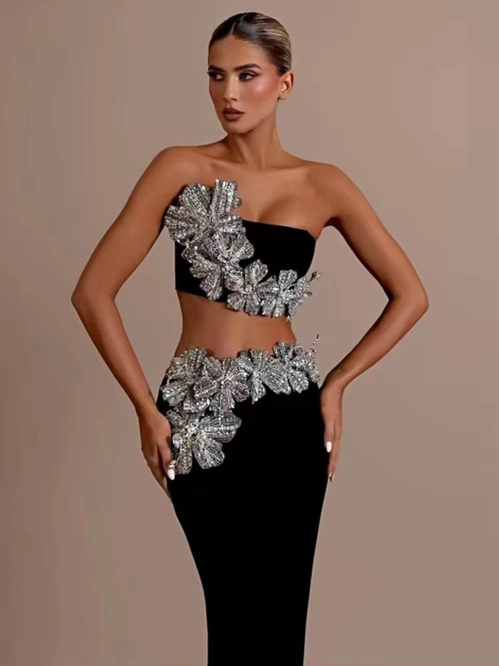 Diamond Crop Top & Long Skirt Two-Piece - REBECATHELABEL