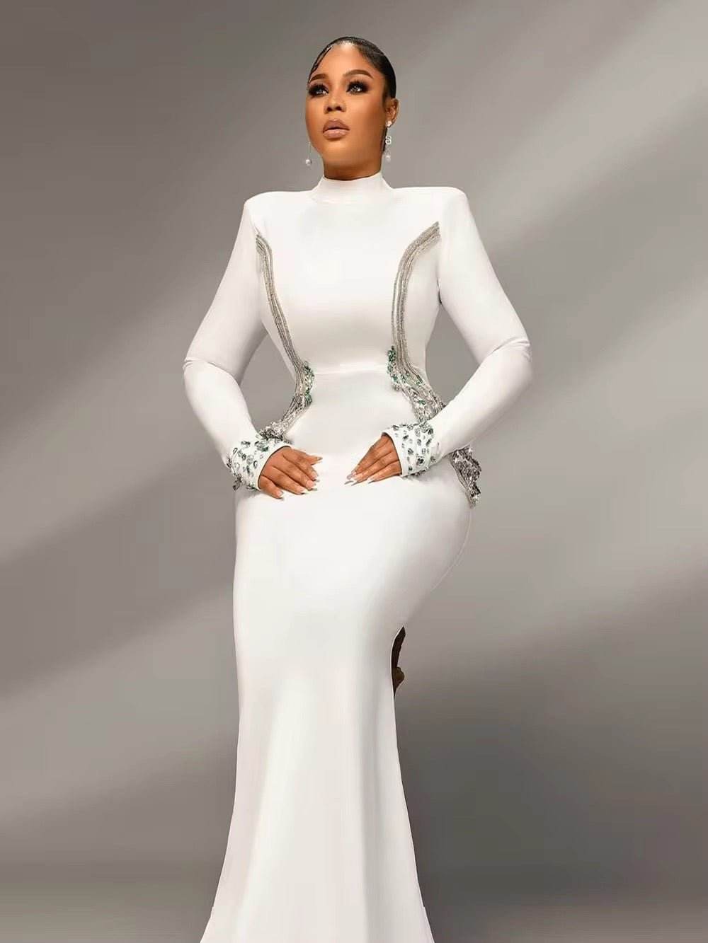 Diamond Evening Bandage Maxi Dress White Long Sleeved - REBECATHELABEL