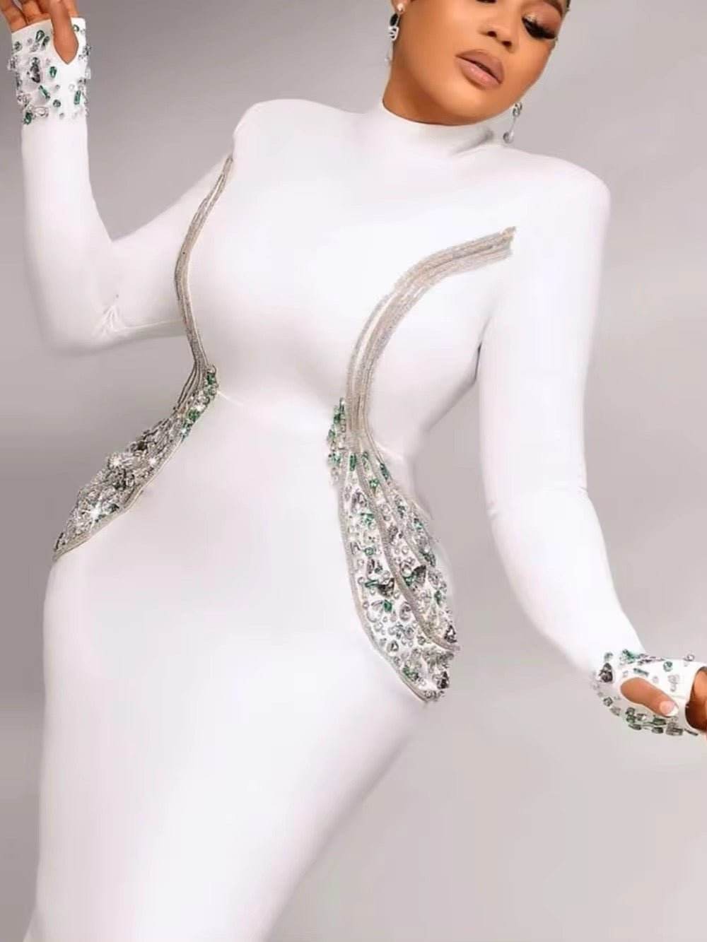 Diamond Evening Bandage Maxi Dress White Long Sleeved - REBECATHELABEL