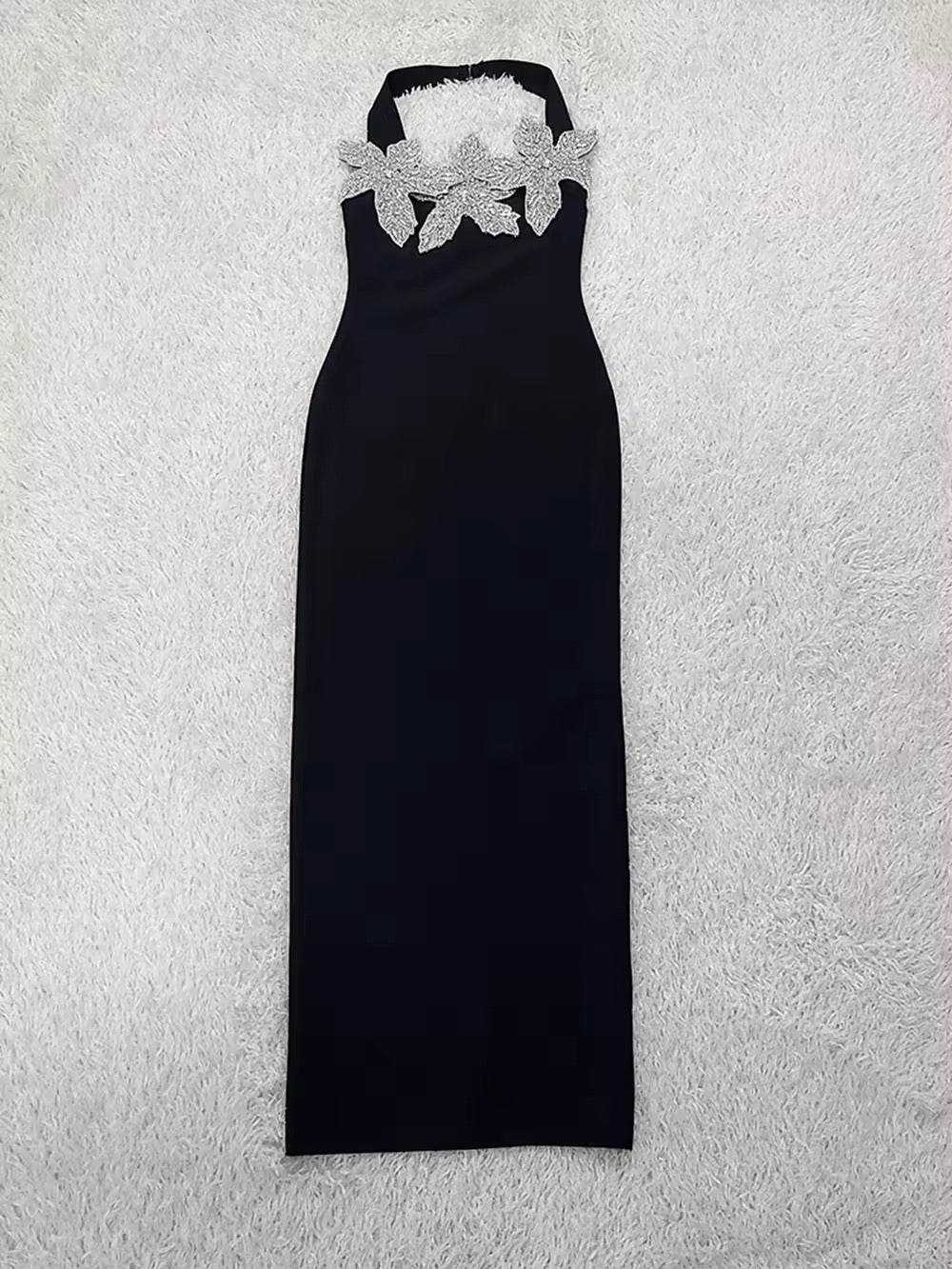 Diamond Flower Splicing Halter Tight Maxi Bandage Dress - REBECATHELABEL