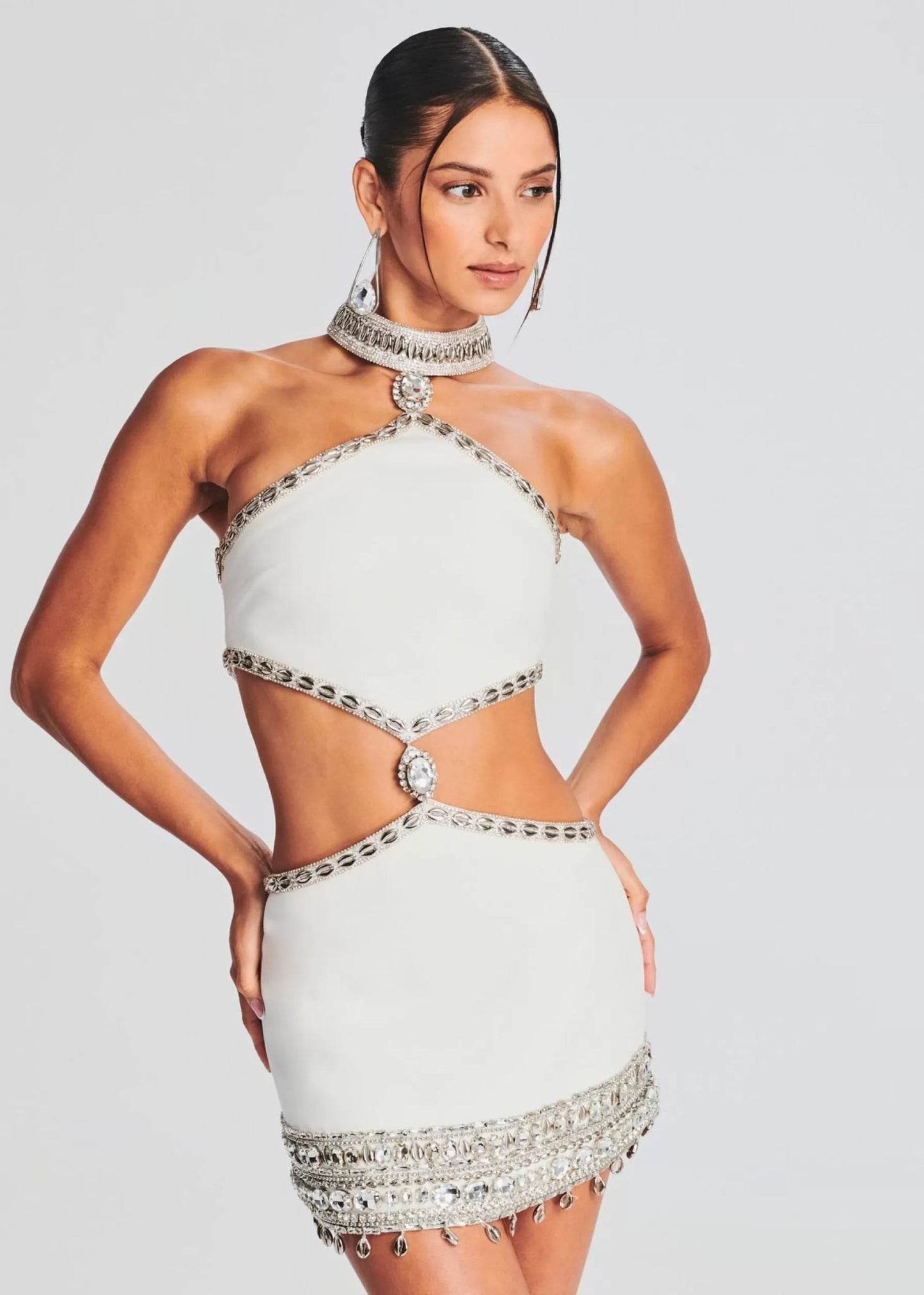 Diamond Halter Cut Out Crystal Backless Dress - REBECATHELABEL