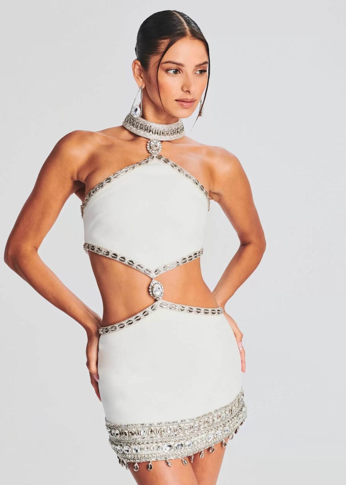 Diamond Halter Cut Out Crystal Backless Dress - REBECATHELABEL