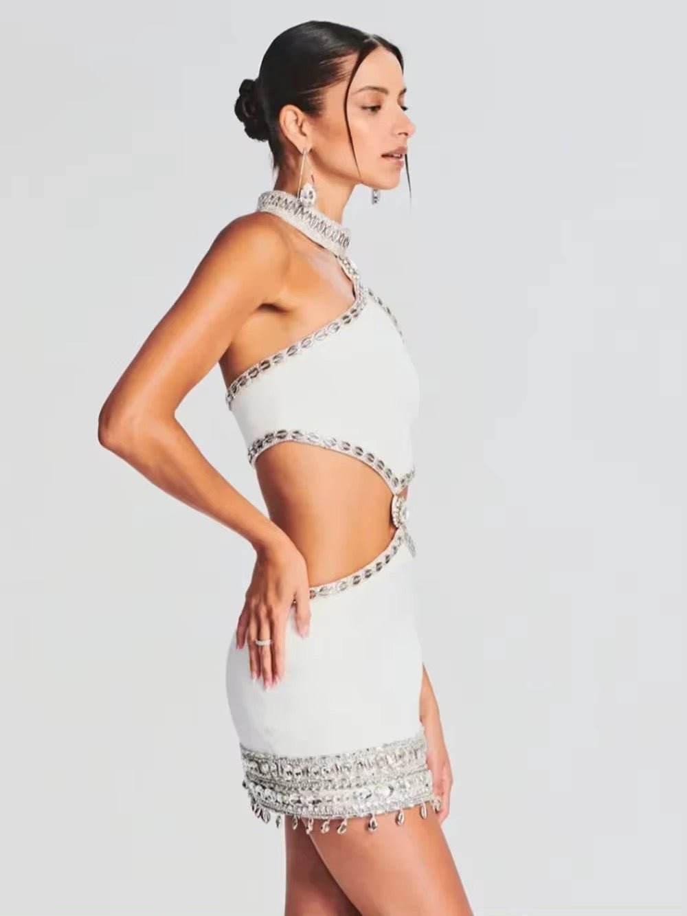 Diamond Halter Cut Out Crystal Backless Dress - REBECATHELABEL