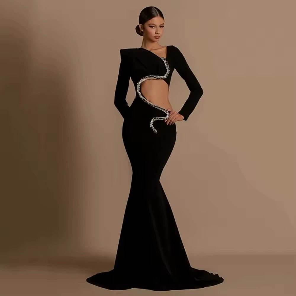 Diamond Hollow Black Long Sleeves Evening Gown - REBECATHELABEL
