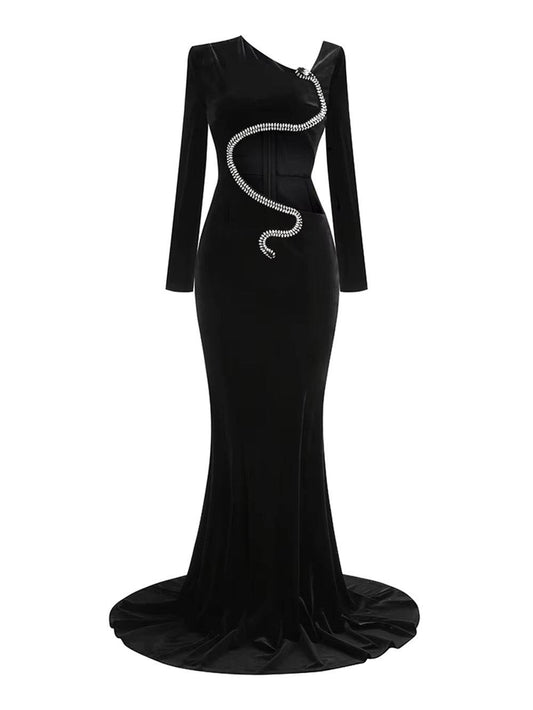 Diamond Hollow Black Long Sleeves Evening Gown - REBECATHELABEL