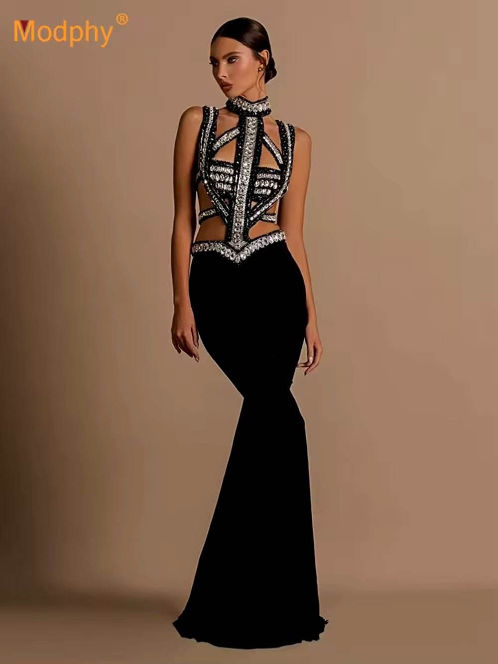 Diamond Hollow Out Backless Maxi Bandage Dress - REBECATHELABEL