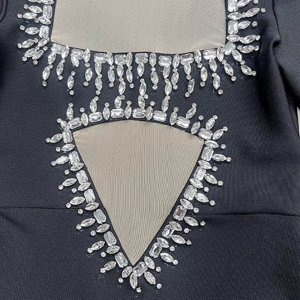 Diamond Mesh Stand Collar Long Sleeved Tight Long Bandage Dress - REBECATHELABEL