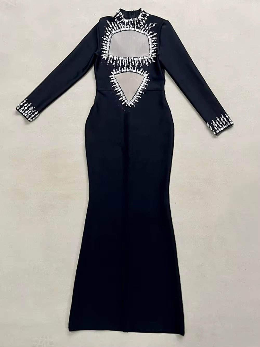 Diamond Mesh Stand Collar Long Sleeved Tight Long Bandage Dress - REBECATHELABEL