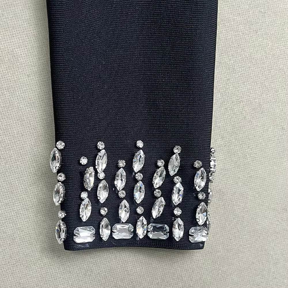 Diamond Mesh Stand Collar Long Sleeved Tight Long Bandage Dress - REBECATHELABEL