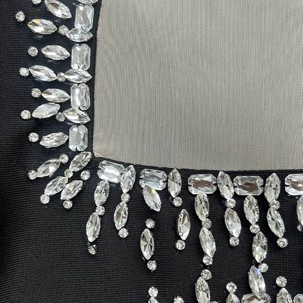 Diamond Mesh Stand Collar Long Sleeved Tight Long Bandage Dress - REBECATHELABEL