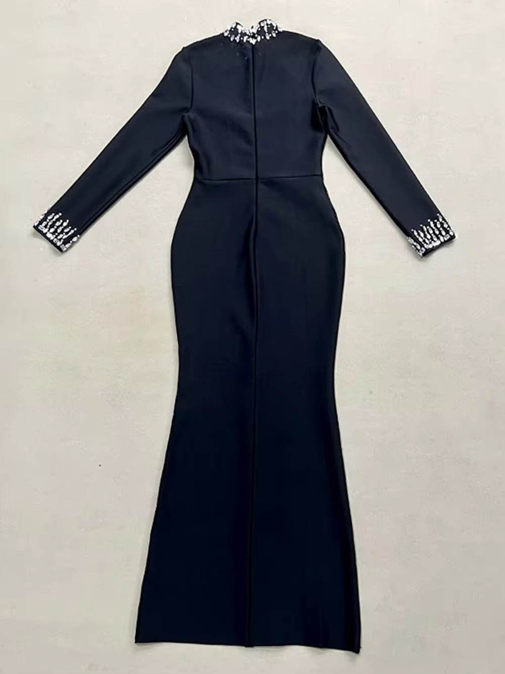 Diamond Mesh Stand Collar Long Sleeved Tight Long Bandage Dress - REBECATHELABEL