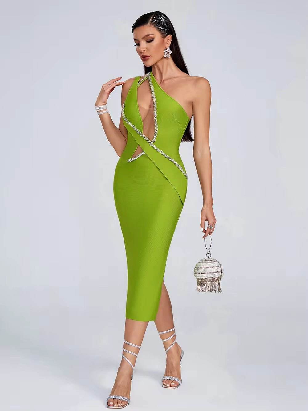 Diamond One Shoulder Diamond Midi Bandage dress - REBECATHELABEL