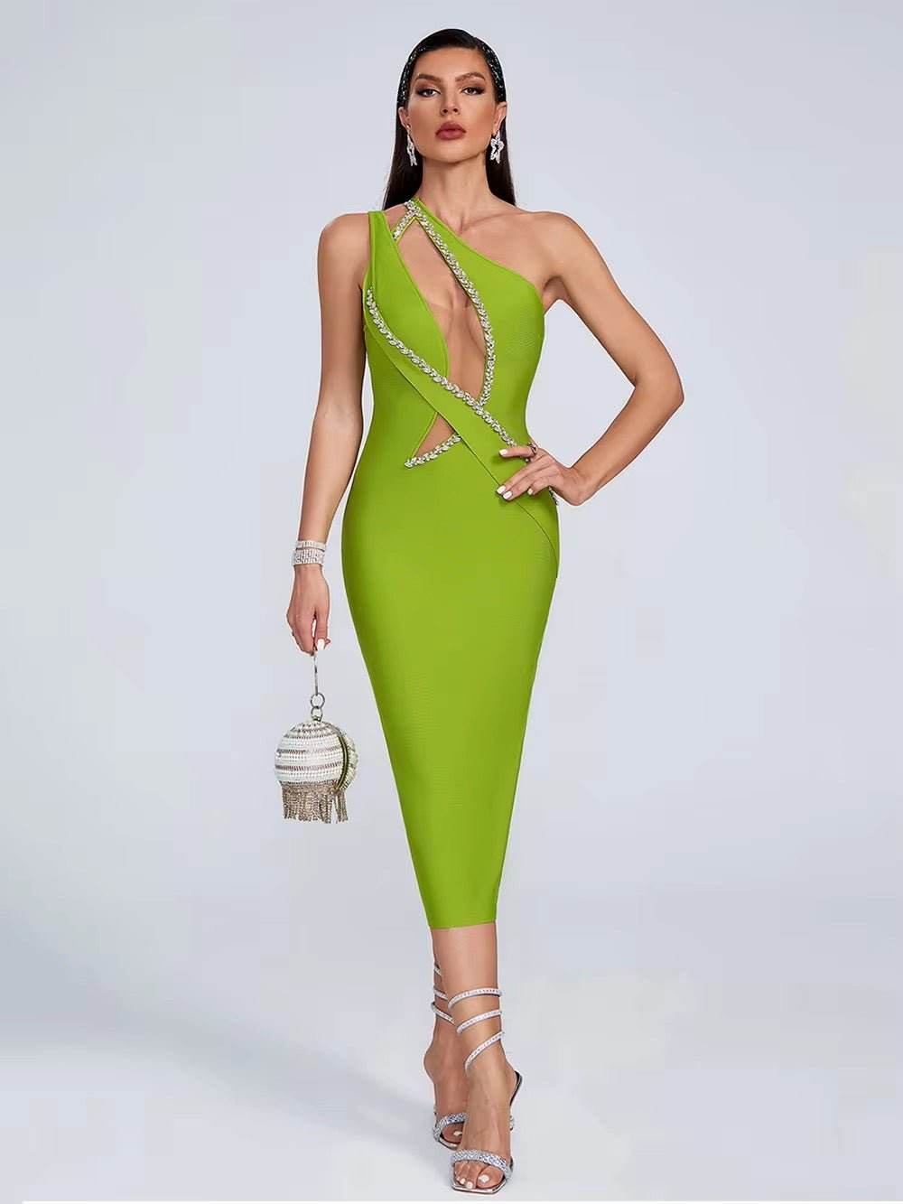 Diamond One Shoulder Diamond Midi Bandage dress - REBECATHELABEL